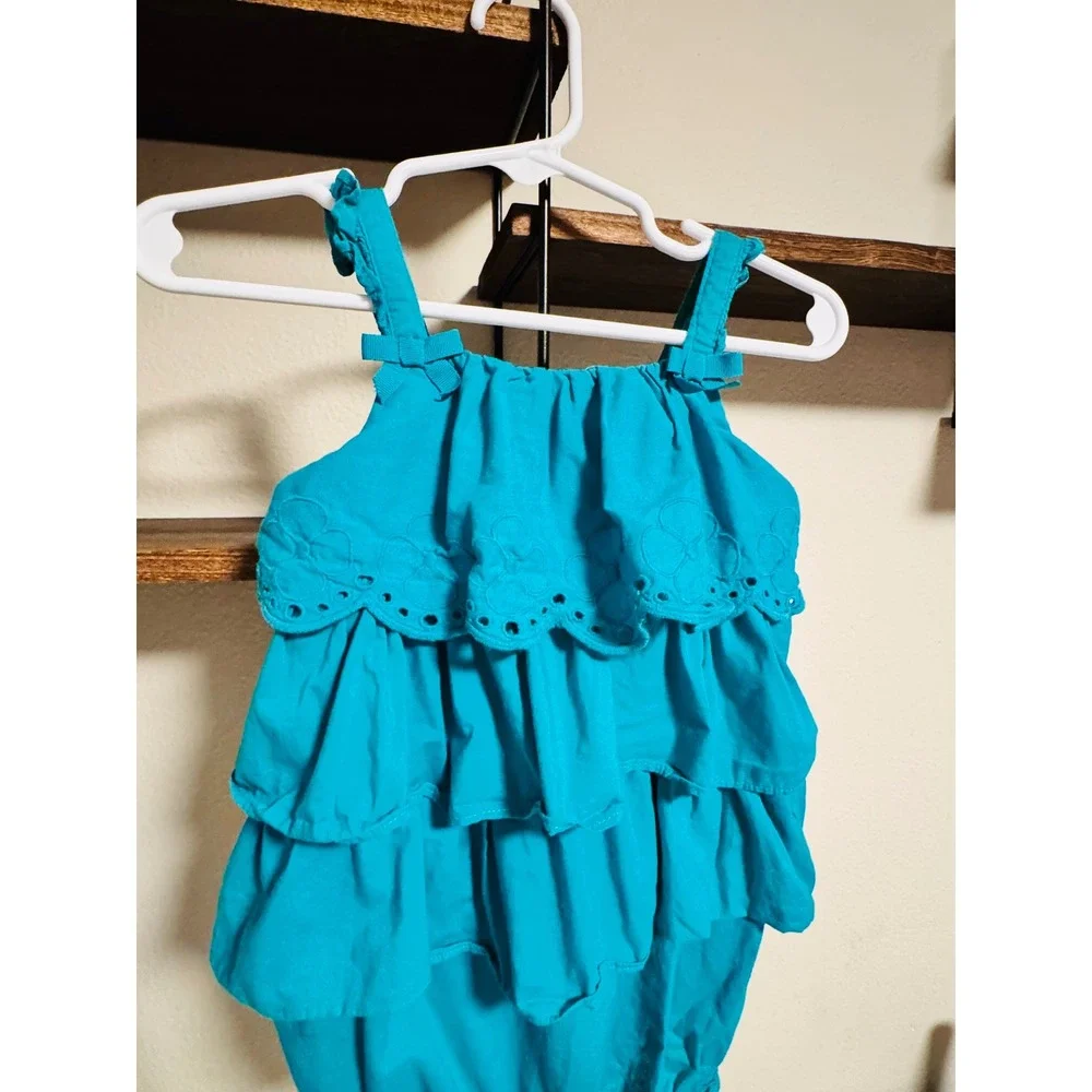Gymboree Baby Girl 18-24mo Teal Turquoise Eyelet Ruffle Romper Flamingo Flamenco